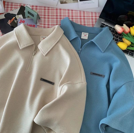 Korean Style Plain Color Waffle Label Zipper Polo Shirt Lapel Short Sleeve T-shirt Men's Trend Street Loose Shoulder T-shirt