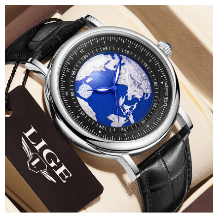LIGE Official Luxury Watch For Mens Fashion Brands Leather Strap Waterproof Luminous Watches Quartz Earth Dial Wristwatch SILVER BLACK