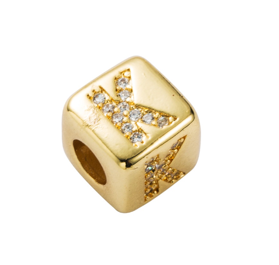 Gold Rhinestone Letters Cube Charm for Bracelet Necklace A-Z Alphabet Dice Beads K
