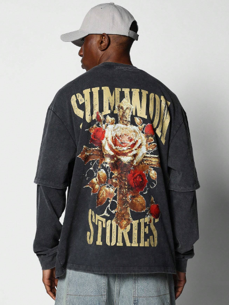 SUMWON Regular Fit Doc Sleeve Washed Tee With Front Embroidery Print And Rose + Cross Graphic Print