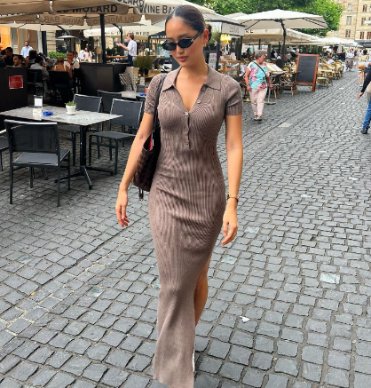 Women Elegance Polo Neck Button Short Sleeve Split Dress