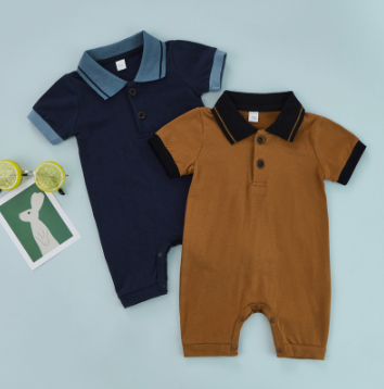 Baby Romper Short Sleeve Lapel Design Neckline Button Contrast Color Boxer Summer Jumpsuit