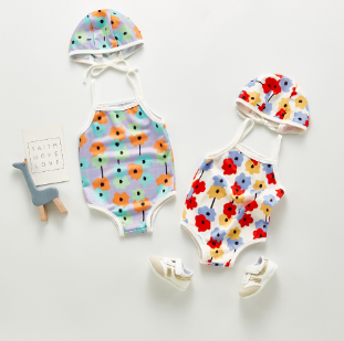 2020 Summer Korean Style One-Piece Swimsuit for Children Swimming Cap Small Children's Baby Girl's Hot Spring Beach Swimsuit Vacation Set