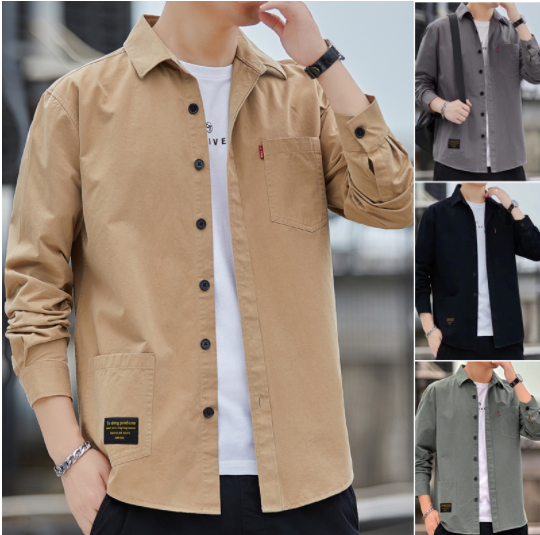 Fashion Long Sleeve Shirt For Men Summer Korean Style Loose Polo Men's Trendy Vintage Multi-Pocket Lapel Casual Shirts Khaki Pocket Button Thin Jacket M-3XL