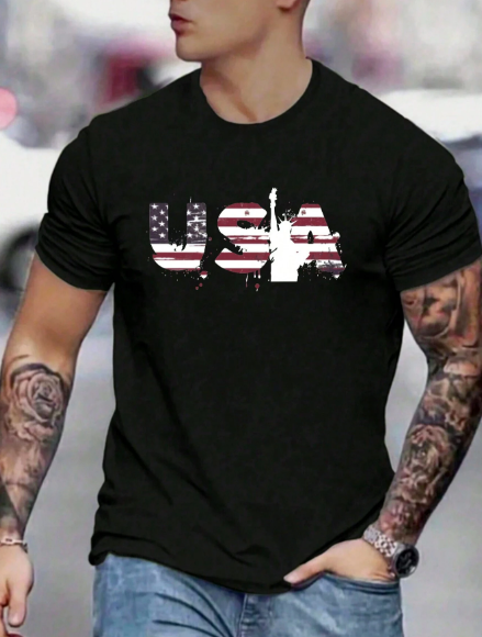 Men American Flag & Letter Graphic Short Sleeve Tee For Summer
