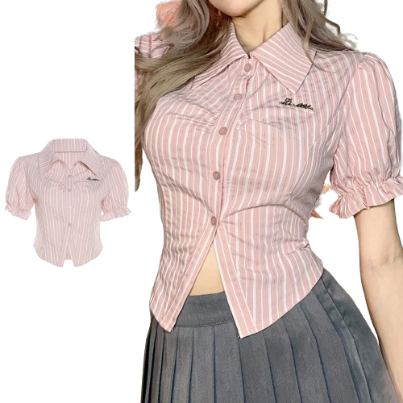 Lovito Women Casual Striped Ruched Embroidery Puff Sleeve Blouse L79AD103