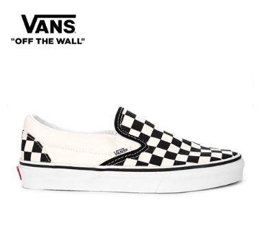 Vans Men Classic Slip-On Black And White Checker/White Canvas Sneakers