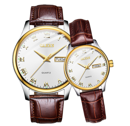 Olevs Couple Watch Waterproof Original Quartz Stainless Steel Luminous Calendar Fashion Leather Watch WHITE DIAL BROWN LEATHER STRAP