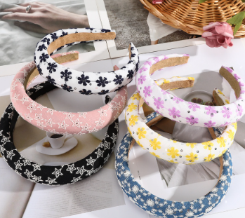 New Padded Sequin Embroidered Headband Girls Sponge Floral Wide Hair Band Hair Accessories