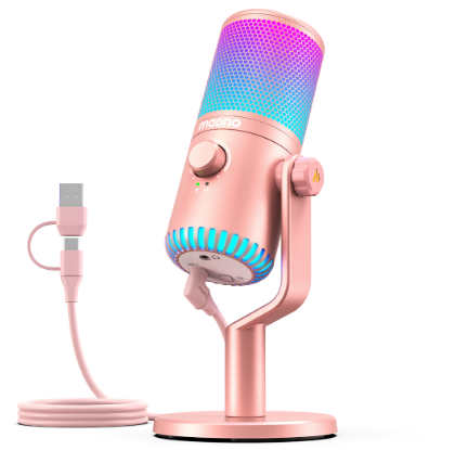 Maono DM30 Programmable Gaming Microphone USB Mic RGB Gaming Mic Computer Mic Pink Mic with Mic Gain and RGB Lighting for PC,Computer,Phone,Gaming,Recording,Live Streaming