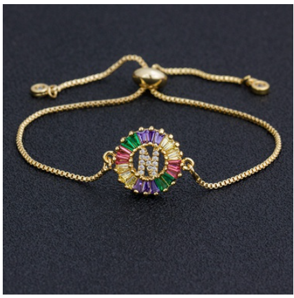 New Fashion A-Z Initial Colorful Cubic Zircon Letter Bracelets Adjustable Chain Rainbow Jewelry N