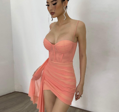 Women Sexy Mesh Patchwork Pleated Slim Mini Dress for Women