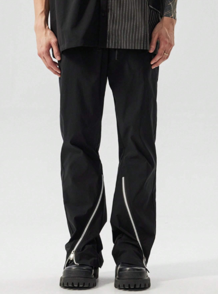 New Element Men's Zipper Ankle Straight Fit Casual Pants With Drawstring Waistband, Loose Fit Streetwear Trousers