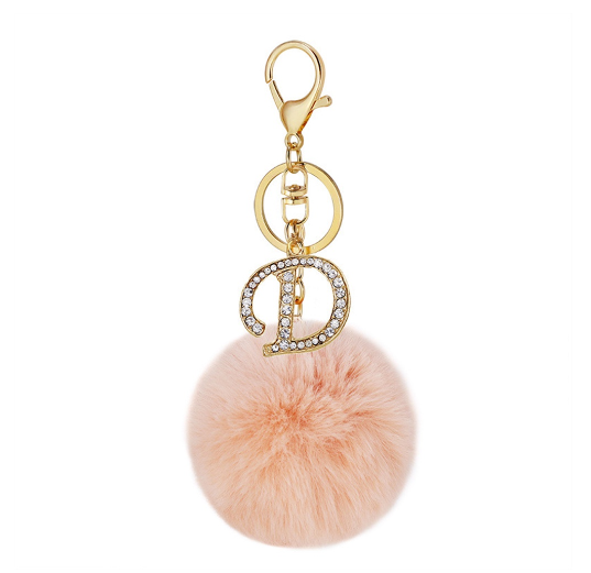 New 26 Letter Rhinestone Alloy Keychain Charm Girls Pink Pompom Key Ring Car Key Holder Women Bag Ornaments Accessories D