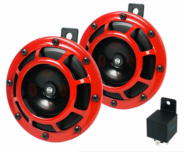 Hella Super Tone Horn Set 12V with 5 Pin Relay H-S821 (Black with Red)