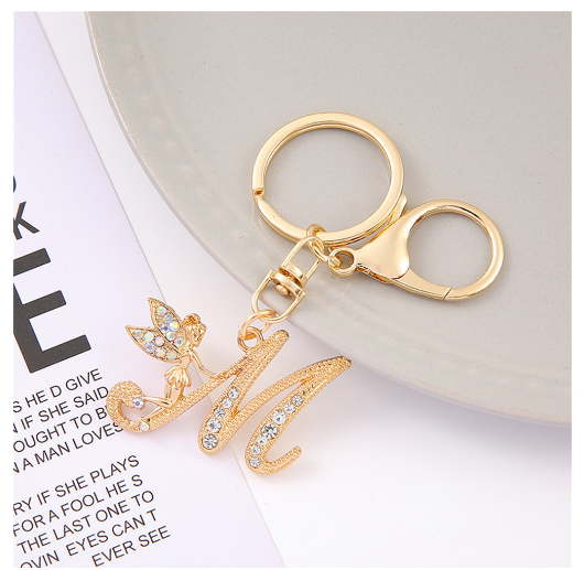 Exquisite Elf Letter Metal Keychains Luxury Gold Color Rhinestone Alphabet Keyrings For Men Women Handbag Ornaments Gifts M