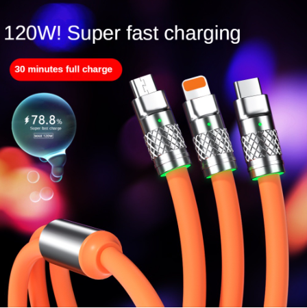 3 in 1 6A 120W USB Type C Cable For IP 8-Pin Micro USB Cable For Samsung OD6.0 Data Liquid Silicone C