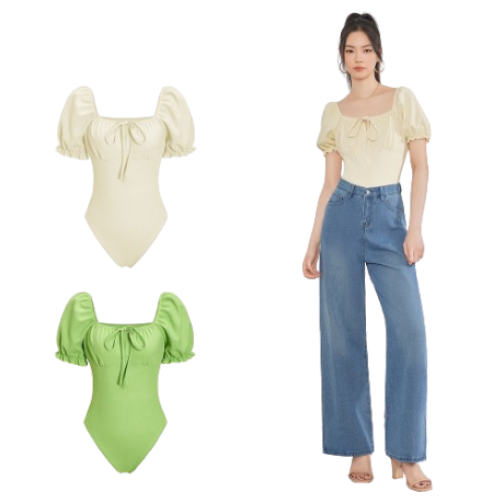 Lovito Women Lace Up Lettuce Trim Cut Out Puff Sleeve Bodysuit L62ED072 (Light Khaki/Green)