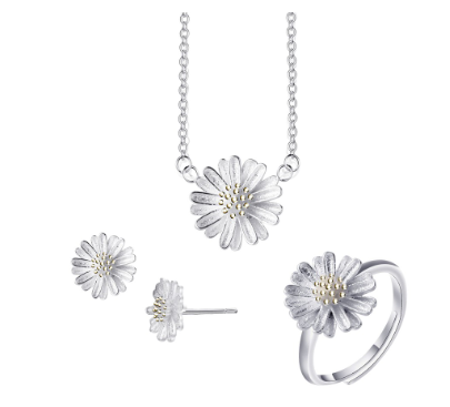 Silver S087 925 Italy Silver 3 in 1 Ring Necklace Earring Ladies Daisy Set