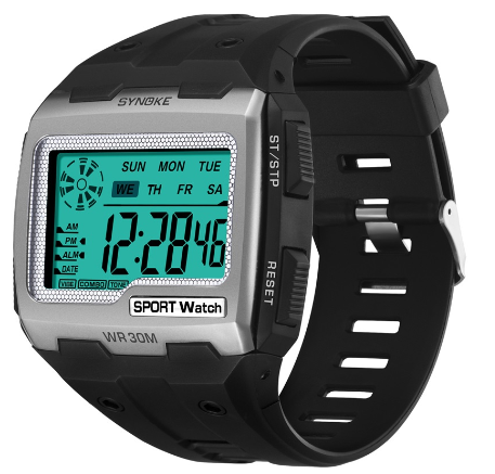 SYNOKE Men Watch Big Square Dial Alarm Week Resistant Repeater Chronograph Multifunction Digital Sport Watch SILVER