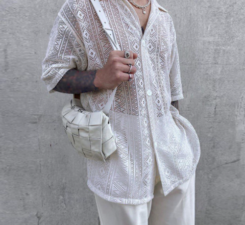 Men Summer Sexy Half Sleeve White Lapel Collar Mesh See Through Shirts