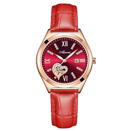 POSHI Brand Watches Women's Fashion Korean Diamond Quartz Leather Waterproof Ladies Watch RED