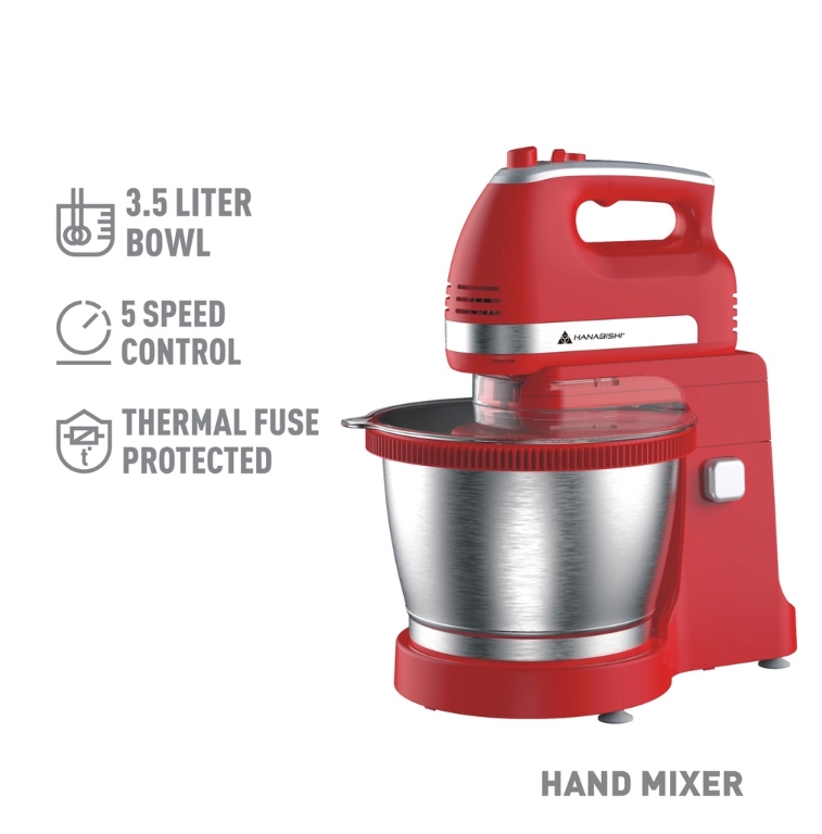 Hanabishi Hand Mixer HHMB1600SS | Best for Baking 5-speed Turbo | Beater, Dough Hooks | With bowl