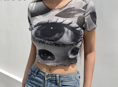 Women Funny Style Eye Print Mesh Fungus Short Sleeve Cropped T-shirt