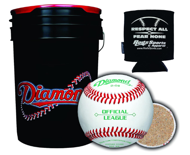 Diamond Sports D-OB DOB Baseballs in 6-Gallon Ball Black Cushion Lid Bucket 30 Balls with Rods Insulated Can Sleeve