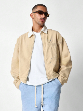 SUMWON Mid Washed Workwear Zip Through Denim Jacket With Contrast Collar & Splatter Paint