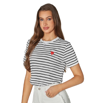 Lovito Women Casual Striped Heart T-Shirt LBA05067 (Black and White)
