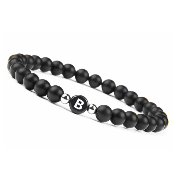 6mm Black Frosted Stone Beaded Bracelet Unisex 26 Initials Letters Name Bracelet With Elastic Rope For Couple Friendship Gifts B