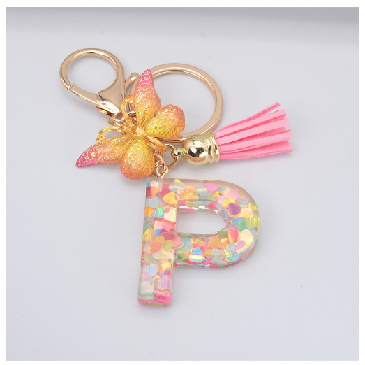 Exquisite 26 Letter Resin Keychain with Pink Tassel Gradient Butterfly Pendant Key Ring Women Bag Ornaments Accessories P