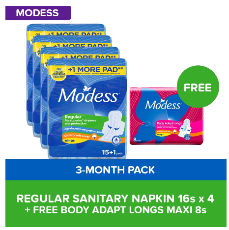 Modess 3Month Pack: Cottony Maxi Regular w Wings Sanitary Napkins 16sx4+Free Body Adapt Longs Maxi 8s