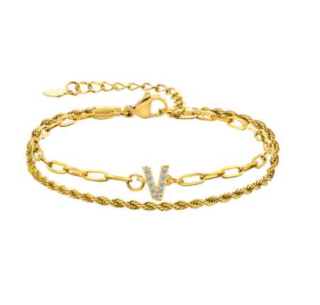 Vnox Letter Double Layer Braelet,18K Gold Fried Twistsed Paper Clip Zirconia Initial Stainless Steel Chain Link for Women V