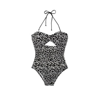 One Piece Swimsuit Neck Strap Backless Black Flower Pattern With Sponge Back Hook Keep Your Body Beautiful
