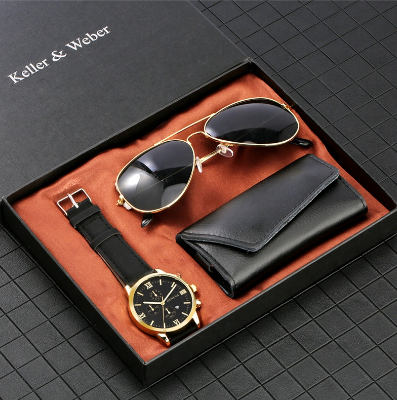 Casual Men's Analog Quartz Wrist Watch Fashion Sunglasses Leather Key Holder Gift Set to Husband Boyfriend