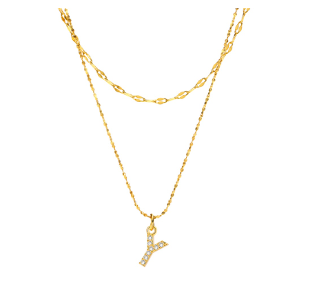 Vnox Double Layered Letter Initial Pendant Necklace,Gold Plated Shiny Zircon Alphabet Charm Necklace for Women Y