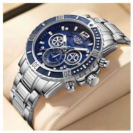 LIGE Watch Men Fashion Casual Sport Waterproof Luminous Full calendar Chronograph Watches for Men Stainless Steel Business Watch SILVER BLUE