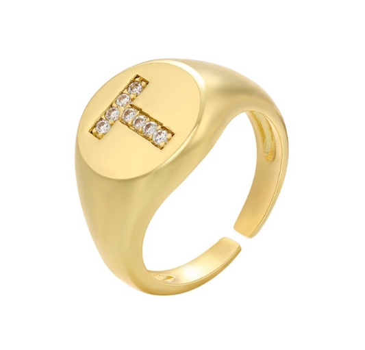 Maxzone A-Z Letter Hip Hop Gold Color Metal Finger Rings Adjustable Opening Ring Initials Name Alphabet Female Party Fashion Jewelry T