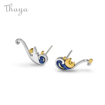 Thaya 925 Sterling Silver Van Gogh Glitter Gold Moon Star Earrings Fine Jewelry