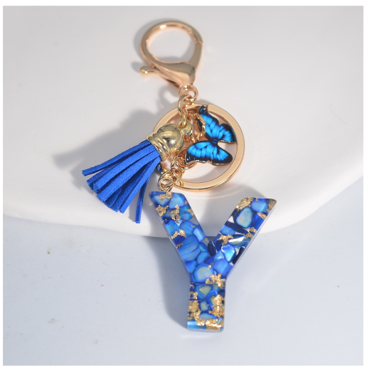 Fashion Butterfly 26 Initials Keychain Exquisite Blue Stone Filled Letter Keyrings Exquisite Alphabet Pendant Bag Ornament Gifts Y