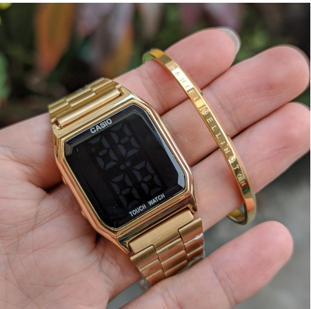 Casio Touch Watch Set With Free Cartier Gold Bangle With Date And Day Japan Made OEM Water Resistant