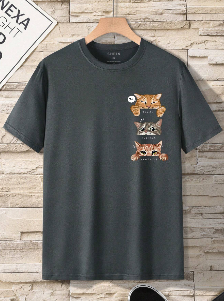Manfinity Dauomo Men'S Plus Size Cat & Letter Print T-Shirt