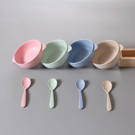 Children Bowl Wheat Straw with Spoon Drop-Proof Bowl Easy Wash and Clean