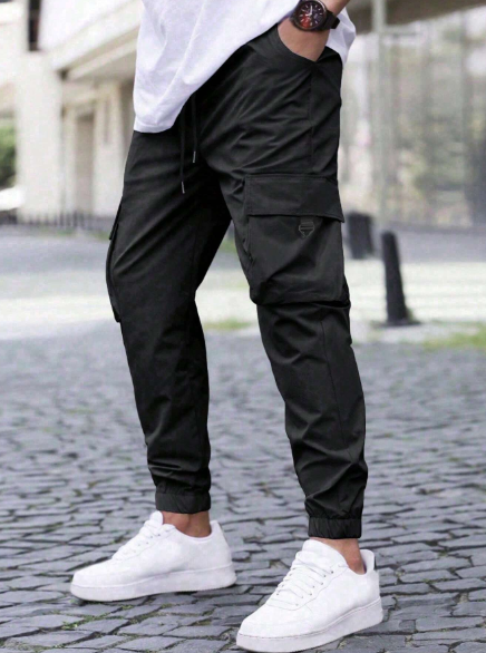 Manfinity Roghcode Men's Solid Color Drawstring Pocket Casual Cargo Pants