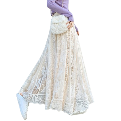 Lovito Elegant Plain Lace Pattern A-Line Maxi Skirts for Women LNE12113 (Apricot)