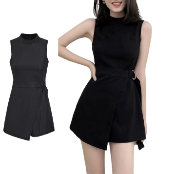 Lovito Casual Plain Fake 2-In-1 Belted Jumpsuit for Women L74ED346