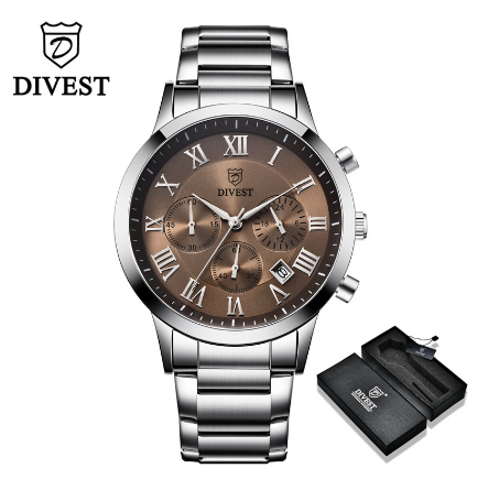 DIVEST Men's Watches Brand Fashion Luxury Sport Stainless Steel Business Quartz Men Watch Waterproof 9009 SILVER BROWN