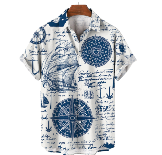 Summer Soft Breathable Nautical Compass Shirts For Men Fashion Casual Beach Party Short Sleeve Male Hawaii Shirts Clothing